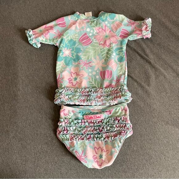 Ruffle Butts Pink Blue Floral Tropical Two Piece Swimsuit Rashguard Toddler 2T - Picture 3 of 3